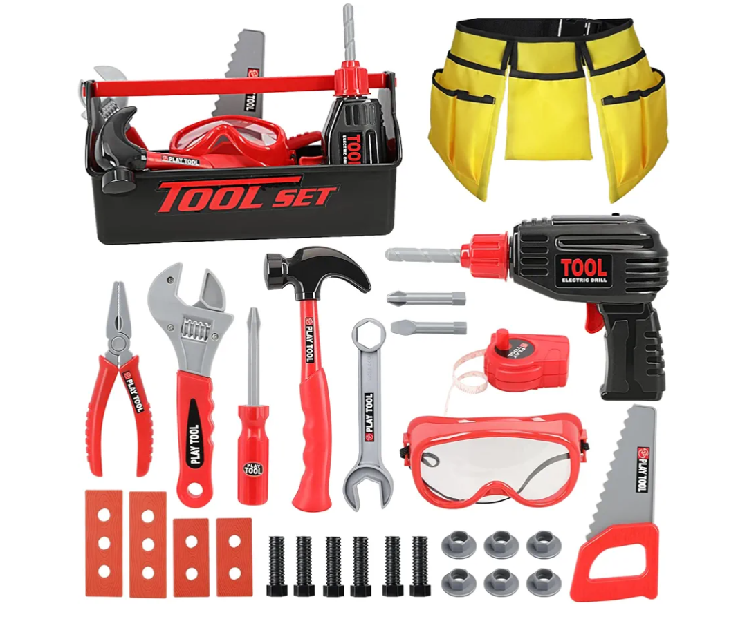LOYO Kids Tool Set - Pretend Play Construction Toy with Tool Box Kids Tool Belt Electronic Toy Drill Construction Accessories Gift for Toddlers Boys Ages 3 , 4, 5, 6, 7 Years Old (red)