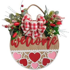 Bibelot 16 inch Valentine's Day Welcome Sign for Front Door Front Porch Decor, Romantic Wooden Board Welcome Signs with Flowers Leaves Bow for Indoor Outdoor Wedding Anniversary Party Decorations