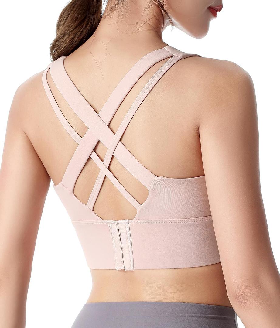 2 x Sports Bras for Women, Criss-Cross Back, Adjustable Wire-Free Medium Support Workout Bra with Removable Cups (White)