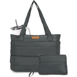 Lightweight Puffer Tote Bag for Women, Quilted Shoulder Bag with Laptop Compartment, Travel, Work, School, Teacher | 15.6" Laptop Sleeve, Foldable Design, Cup Holder Pocket, Daily Carry On Bags