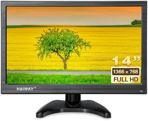 Haiway 14 Inch Security Monitor, 1366x768 Resolution Small PC Monitor Built-in Speakers with HDMI/VGA/BNC/AV Ports, Home Office Mini hdmi Monitors for Laptop, CCTV Camera, Gaming with Remote Control
