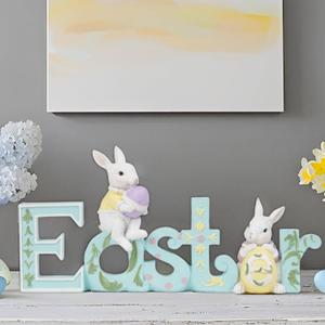 Easter Tabletop Decoration Figurine Centerpiece - Spring Bunny Decor Hand Painted Green Easter Word with 2 Rabbit Easter Decorations for The Home Farmhouse Party 11.75*2.75*5.75 in Newman House Studio