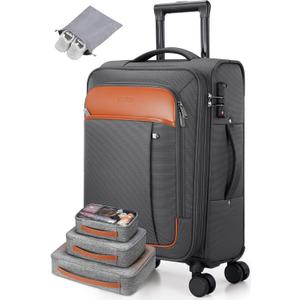UKEIN Expandable Carry On Luggage 22x14x9 Airline Approved, 20Inch Softside Carry On Suitcase with Wheels & TSA Lock, Travel Suitcase with 4-Piece Packing Bags for Women Men (Grey, Carry on 20in)