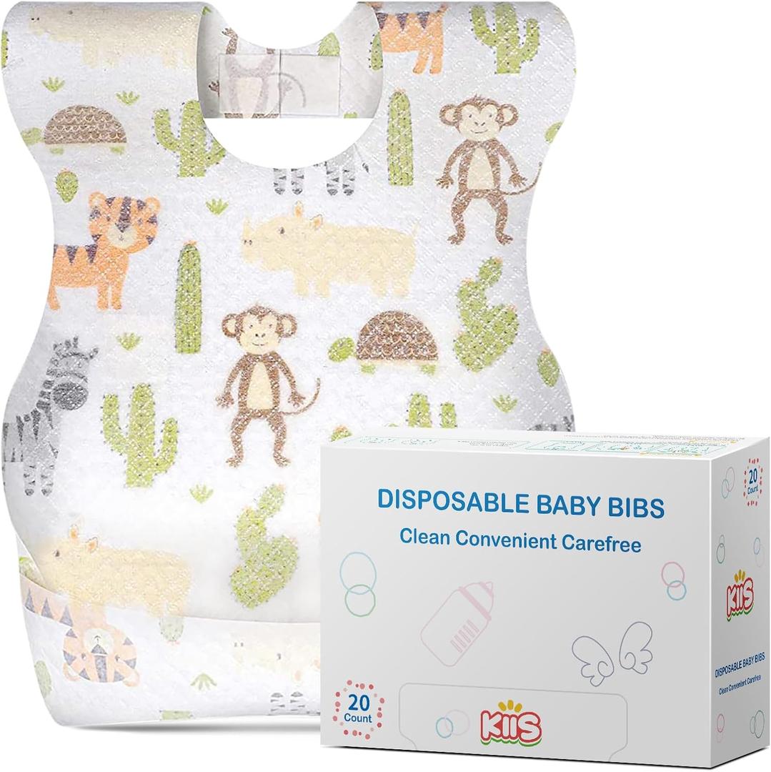 KIIS Disposable Baby Bibs for Baby Boys and Girls - Individually Packaged - Hygienic, Soft and Leakproof (20 PCS / 60 PCS) (Animal)