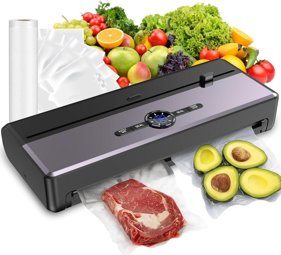 Sealer Machine for Food Storage, 85KPA Strong Suction, Dry/Moist Mode, Automatic Seal in 10-20 Seconds with 10 Vacuum Bags & 1 Roll, Built-in Cutter, Bag Storage & Vacuum Hose, for Home Kitchen Use