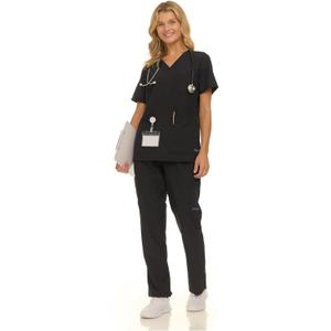 Nautica Women's Scrub Set, 9-Pocket Breathable & Stretchy Pants & Tops, Black XL