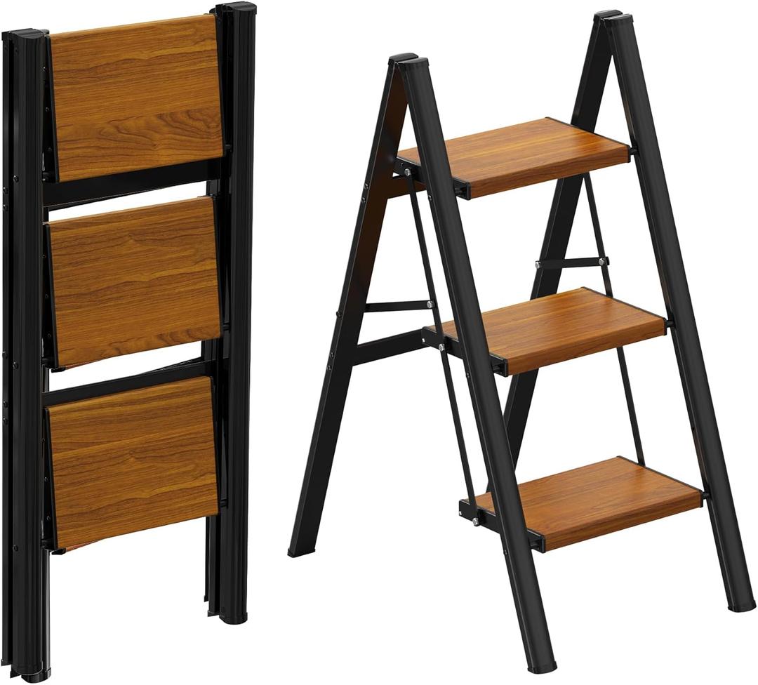 HBTower Step Ladder,Lightweight Aluminum Folding Step Stool with Anti-Slip Wide Pedal,330lbs Capacity Step Ladder for Household,Kitchen,Office - BlackWoodgrain