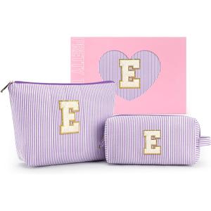 mibasies 2 PCS Initial Makeup Bags for Women: Cosmetic Bag for Travel Toiletry - Personalized Cute Makeup Pouch - Gifts for Grilfriend Wife Moms Bridesmaid - Retirement Travel Gifts - Purple E