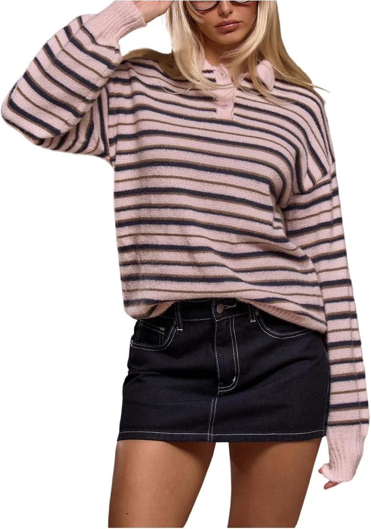 RoseSeek Women's Striped Lightweight Golf Sweaters Long Sleeve Collared Button Loose Fit Pullover Tops (XL)