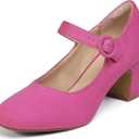 IDIFU IN3 Mary Jane Pumps Closed Toe Low Short Chunky Block Dress Shoes for Women Wedding Bridal Flight Attendant Heels Formal Cute Round Toe Vintage Small Thick Pumps Heels with Round Buckle (7, Hot Pink Suede)