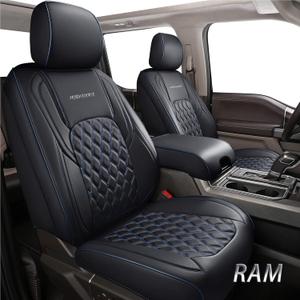 Huidasource Dodge Ram Seat Covers, Front&Rear Pickup Truck Leather Seat Cover Fit for 2009-2018 1500, 2010-2023 2500/3500 Crew Mega Cab, 2019-2023 ram 1500 Classic only(Full Set/Black&Blue)