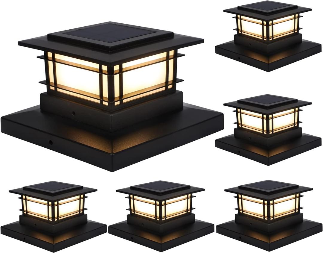 Dynaming 6 Pack Solar Post Cap Lights Outdoor, Fence Post Solar Lights Fit for 4x4 5x5 6x6 Vinyl/Wooden Posts, High Brightness Warm White SMD LED Lighting Decor for Garden Deck Patio (Black)