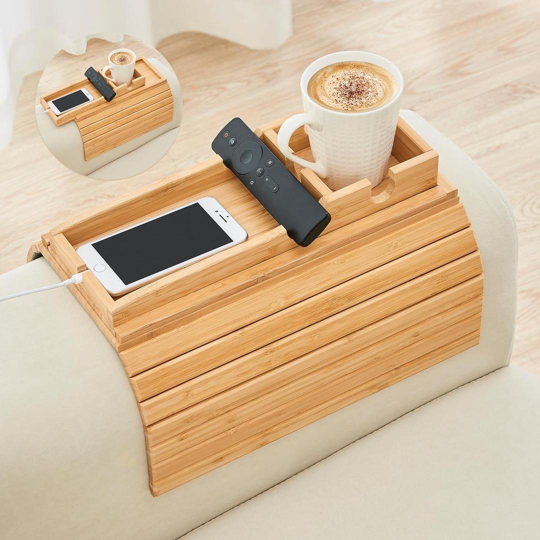 GEHE Detachable Couch Cup Holder, Anti Falling Sofa Arm Tray, Natural Bamboo Sofa Cup Holder More Safe for You Family, Portable Couch Arm Tray Armrest Table for Remote, Snacks, Phone, Drinks (17.3" x 13.3" x 2.2")