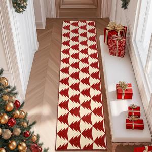 COLLACT Christmas Runner Rug 2x7 Red Hallway Red on Cream Xmas Tree Runner Kitchen Washable Rug Non Slip Holiday Decorative Floor Carpet Soft for Bedroom Bathroom Laundry Living Room