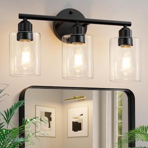 3-Light Bathroom Light Fixtures, 17.3" Black Modern Vanity Light for Bathroom Mirror, Glass Shade, Kitchen, Living Room, Bath, Metal