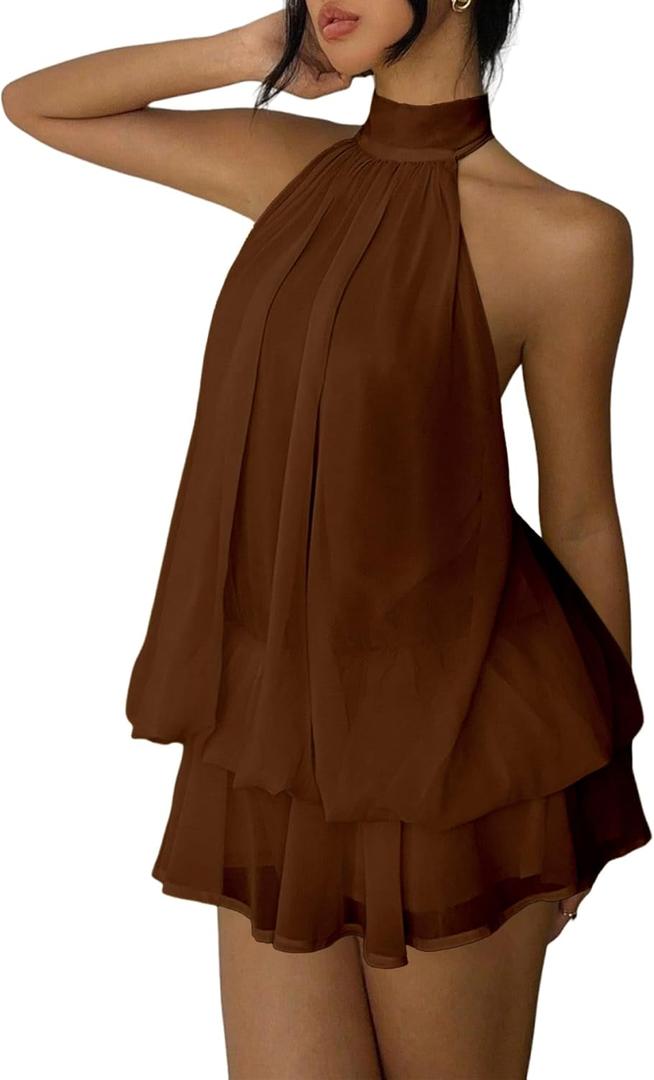 Women's Chiffon Halter Drop Waist Mini Dress Wedding Guest Dresses Ruffle Formal Holiday Club Brunch Outfits (Brown)