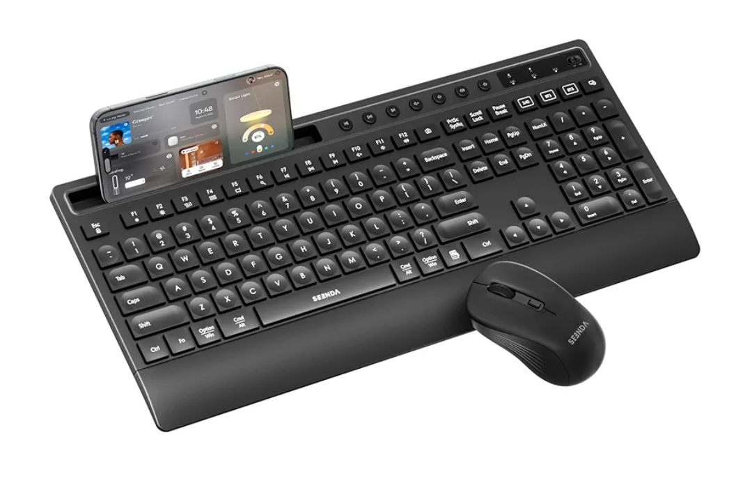seenda Bluetooth Keyboard and Mouse, COE201 Multi-Device Ergonomic Keyboard Mouse with Phone Holder, Full Size Wireless Quiet Combo Compatible for Windows, Laptop, MacBook Pro/Air, PC, iPad - Black