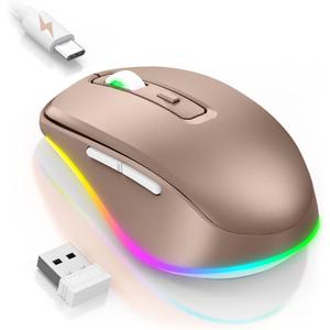 PEIOUS Wireless Mouse Jiggler - LED Wireless Mice with Build-in Mouse Mover, Rechargeable Moving Mouse for Laptop with Undetectable Random Movement Keeps Computers Awake - Gold