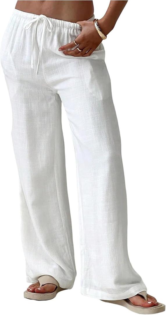 Verdusa Women's Straight Leg Casual Linen Palazzo Pants Spring Outfits Long Trousers with Pockets Large