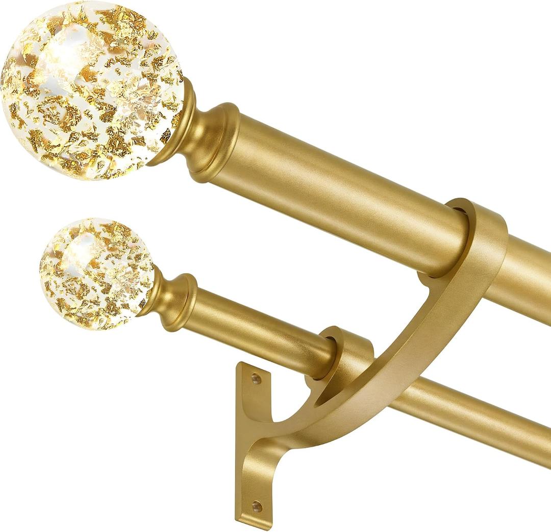 Gold Double Curtain Rod 140 to 164 Inch,Double Decorative Crystal Drapery Rods with Solid Aluminum Bracket Acrylic Sheer Bling Foil Finials,1" Front and 5/8" Back Heavy Duty Curtain Rods for Windows