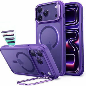 for iPhone 17 Pro Max Case with Stash Lens Stand and 9H Screen Protector, Compatible with MagSafe, Military-Grade Drop Protection Phone Case for iPhone 17 Pro Max, 360° Full Protection, Purple