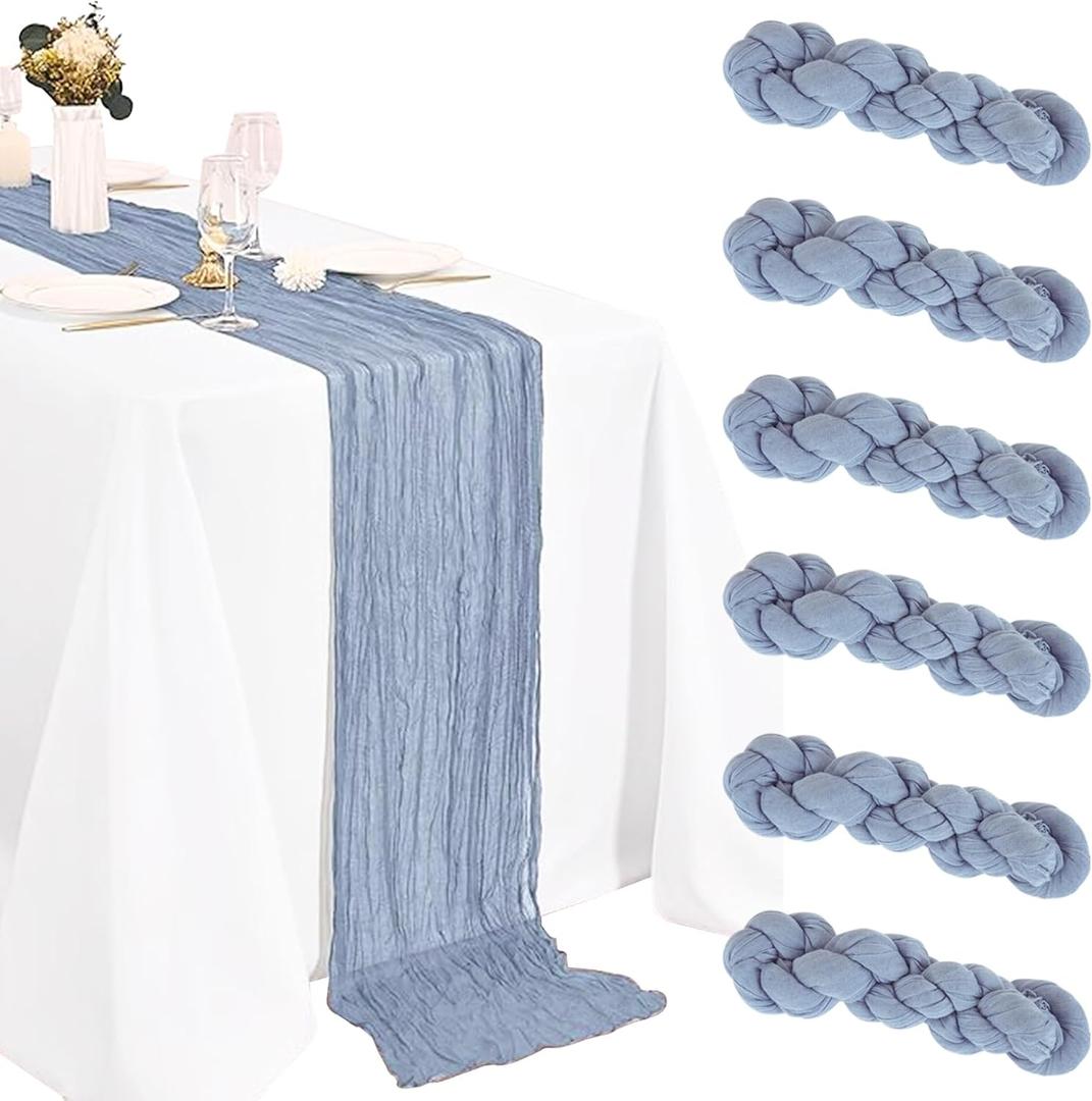6 Pack Cheesecloth Table Runner 20 x 120 Inch Dusty Blue Boho Gauze Cheese Cloth Table Runners 10 FT Long Rustic Sheer Table Decorations for Wedding Party Baby Bridal Shower Birthday Holiday Home