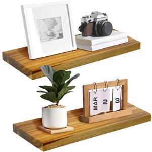 Teak Wood Floating Shelves Perfect for Bathroom Decor Pack of 2 Wooden Wall Shelves for Bedroom Living Room Kitchen Simple Minimalist Home Decor 17 x 6.7