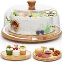 Rotating Cake Stand with Lid, 12'' Wood Food Plate with Cover, Serving Tray, Fruit Platter, Salad Bowl, Dessert Table Display & Acrylic Cake Dome Cover for Party