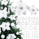 Janinka 36 Pack Christmas Poinsettia Flowers Decoration Set Include 12 Pcs Artificial Glitter Poinsettia, 24 Pcs Hanging Christmas Balls and Teardrop Ornaments for Xmas Holiday Decor (White)