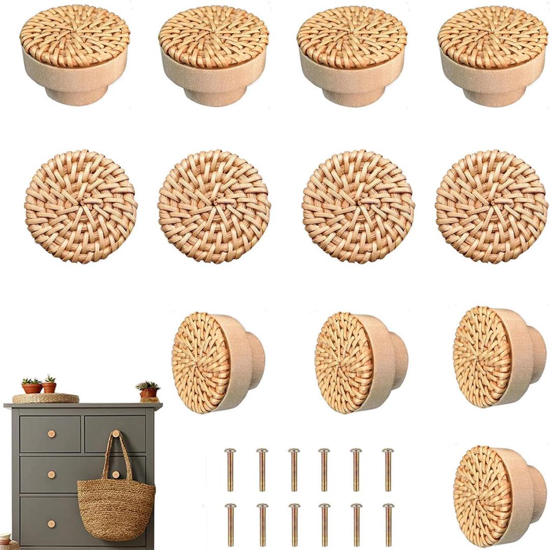 Boho Rattan Dresser Knobs for Girls Kitchen Cabinet knobs and pulls Wicker Woven Decorative Dresser Handles Round Wooden Knobs for Cabinets and Drawers 12 Pcs (Natural Colours, 12 Pcs)