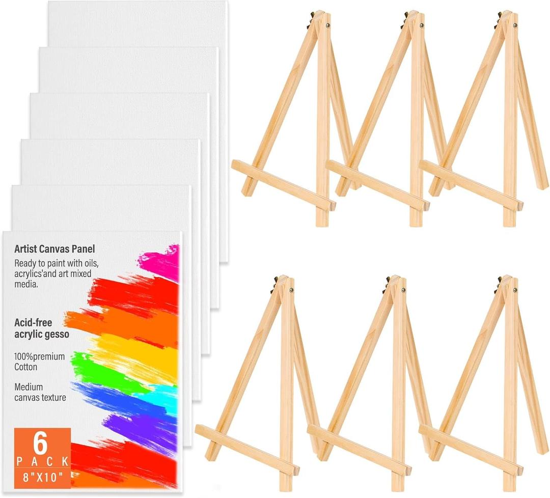 Canvas Boards with Easel for Painting Pack of 6 8 x 10 Inch Painting Canvas Panels with Pine Easels, Blank Canvas Beginner Kit for Acrylic Oil Watercolor Crafts Sip and Paint Art Party
