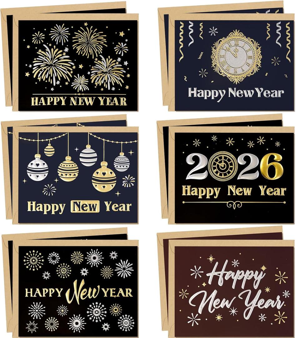 WorldBazaar 2026 Gold Foil New Year Cards with Envelopes 24 Pcs Happy New Year Greeting Card Holiday Cards for Business Office