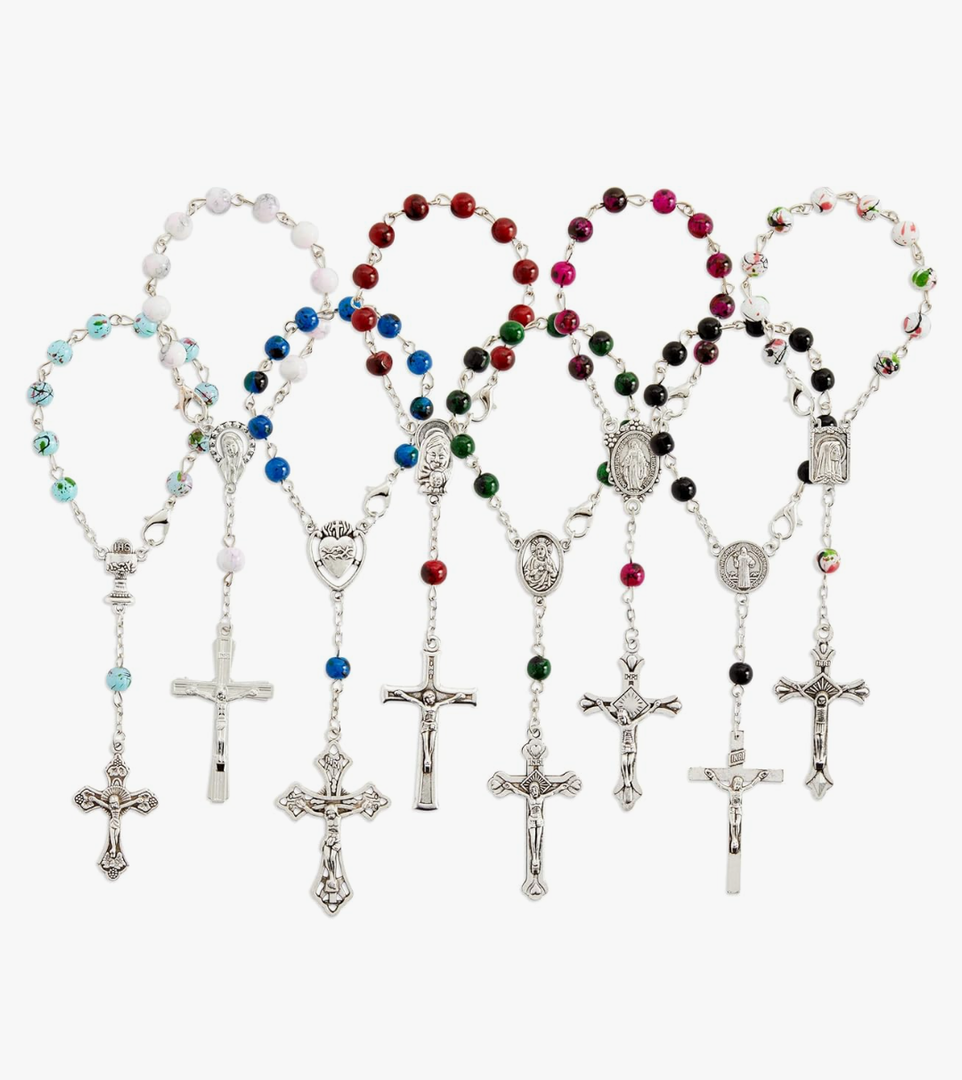 Juvale 24 Pack Small Catholic Rosary Bracelet for Women and Men - Prayer Beads for Baptism Christening, Prayer Room, Altar, Bulk Pack (8 Colors & Crucifix Designs) - Rosary Beads Bracelet
