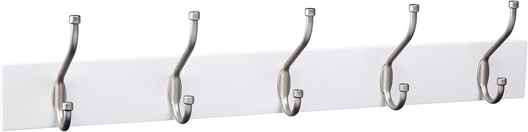 Amazon Basics Rectangular Farmhouse Wall-Mounted Coat Rack with Storage Hooks, 5 Hooks, White