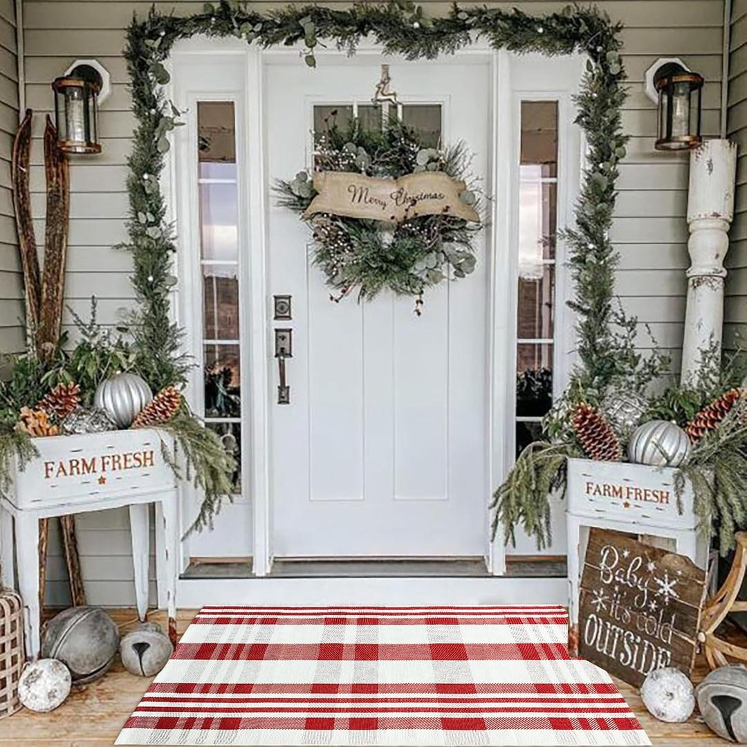 Christmas Plaid Outdoor Rug, 2'4" x 3'7" Red & White Check Indoor/Outdoor Area Rug, Layering Rug for Hello/Welcome Door Mat, Machine Washable Cotton Woven Rug for Farmhouse Front Porch, Entryway