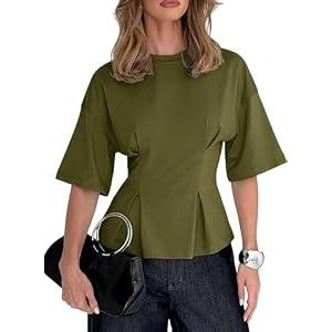 Dokotoo Womens Summer Tops 2026 Ruffle Slim Fit Peplum Tops Going Out Short Sleeve Summer T Shirt Fashion Clothing Outfits Green X-Small