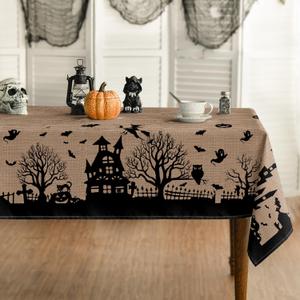 Horaldaily Halloween Tablecloth 52x70 Inch Rectangular, Castle Tree Scary Themed Beige Washable Table Cover for Party Picnic Dinner Decor