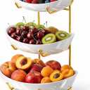 3-Tier Ceramic Fruit Bowl with Reinforced Thickened Gold Metal Stand, Nano-Glaze Porcelain Tiered Serving Tray, Heavy-Duty Kitchen Counter & Party Dessert Display