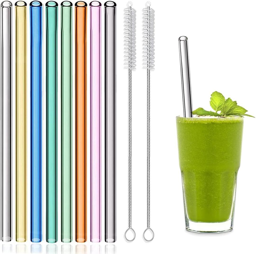 8 Pcs Reusable Glass Straws, 8"x8mm Eco-friendly Drinking Straws for Smoothies, Milkshakes, Tea, Juice, Cocktails - Multi-Color Mixed (8Pcs Straight)