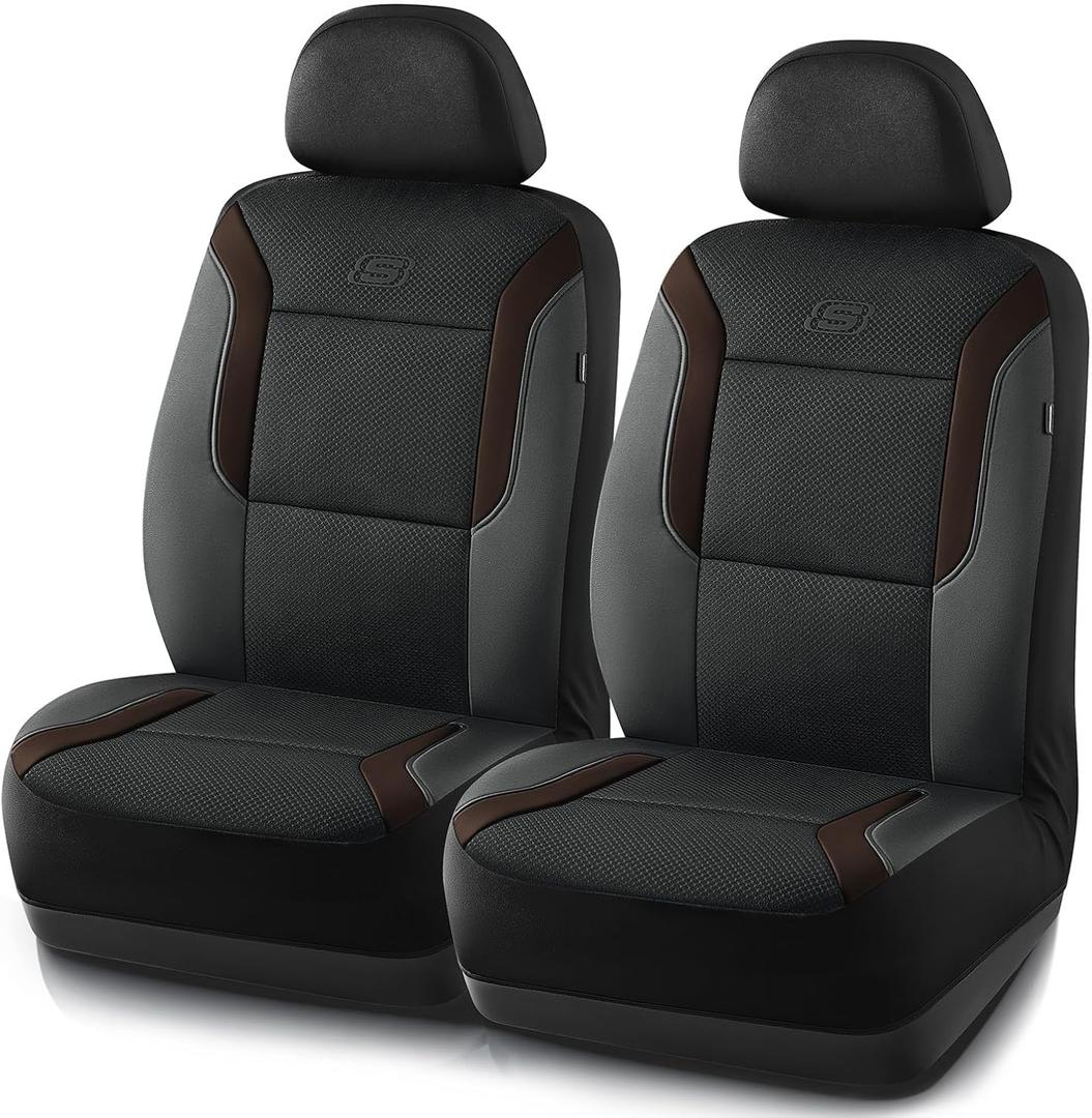 Skechers Memory Foam Car Seat Covers, Air Cool Mesh Thick Seat Covers,Car Seat Covers Front Seats Airbag Compatible, Automotive Comfort Protection for Most Cars,Van,Trucks, SUVs,Brown