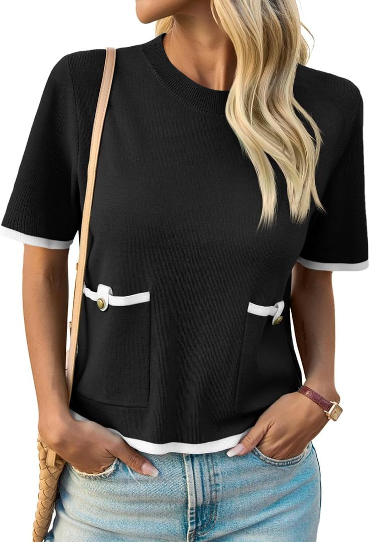 Saodimallsu Women's Short Sleeve Color Block Crew Neck Sweater (Black)