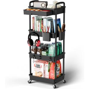 4 Tier Rolling Cart Organizer,Art Craft Diaper Bedside Snack Laundry Room Bathroom Organizer Narrow Thin Slim Rolling Trolley Utility Cart with Wheels for Kitchen,Office(Black)