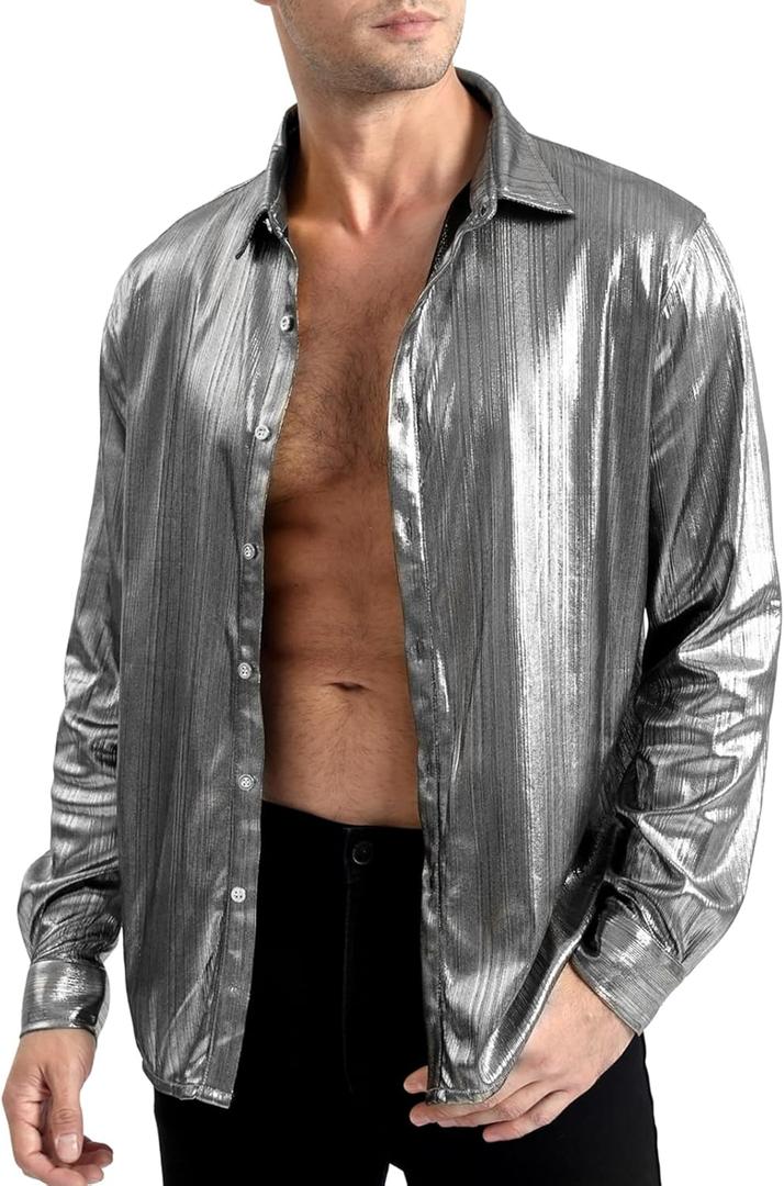 Funny World Men's Disco Shirt Metallic Sequin Long Sleeve Button Down 70s Party Nightclub Christmas Prom Costume (Large)