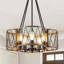 20.8'' Farmhouse Chandeliers for Dining Room, 5-Light Rustic Chandelier Wood Grain Metal Round Hanging Light Fixture, Vintage Drum Pendant Lights for Living Room, Bedroom, Kitchen, Entryway