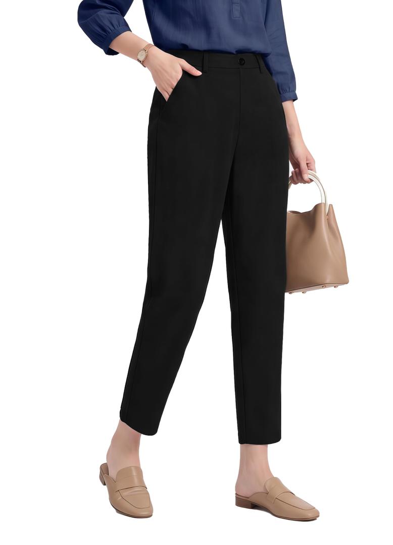 Houmous Womens Cotton Barrel Pants Stretch Lounge Golf Travel Casual Slacks Belt Loops Pockets (26" Inseam, Black, X-Large)