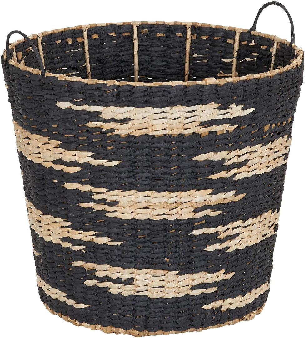 Household Essentials Large Round Woven Wicker Storage Basket with Handles | Black and Brown Geometic Design