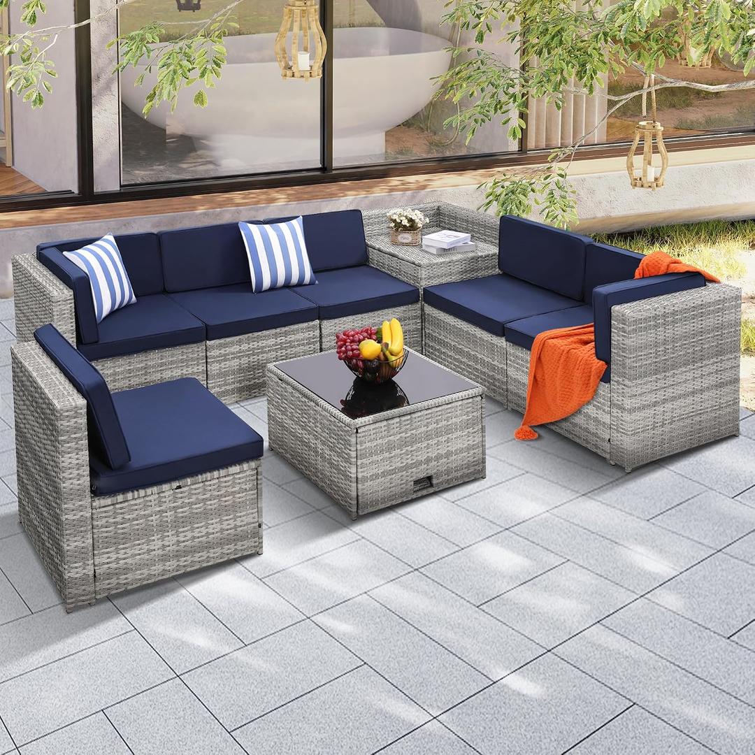 KROFEM 8 Piece Patio Furniture Set, Outdoor Modular Conversation Set
UV Treated Wickers, Machine Washable Cushions, Seats 6, 2 Storage Compartments, Rustproof Frame, Waterproof, Blue