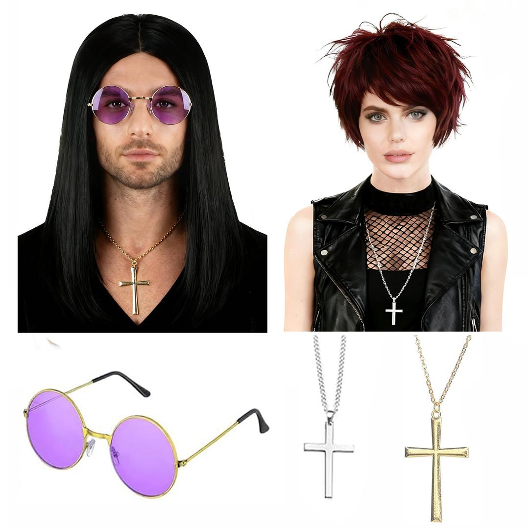 FVCENT 5 Pcs 80s Rock Couple Wig Cross Necklace Purple Round Cosplay Hip Hop Role Playing Accessories Halloween
