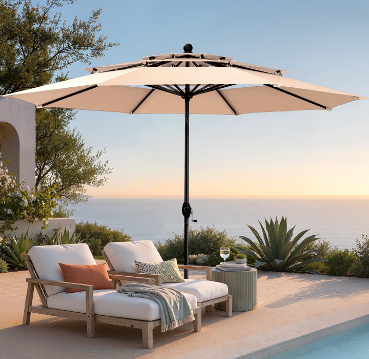 PHI VILLA 10ft Outdoor Patio Umbrellas, 3 Tier Vented Table Umbrella, BeigeAuto-Tilt, 1.5" Pole, Triple Vented, 8 Sturdy Ribs, Windproof, UV Resistant, Reinforced Frame, for Deck, Lawn Poolside Garden