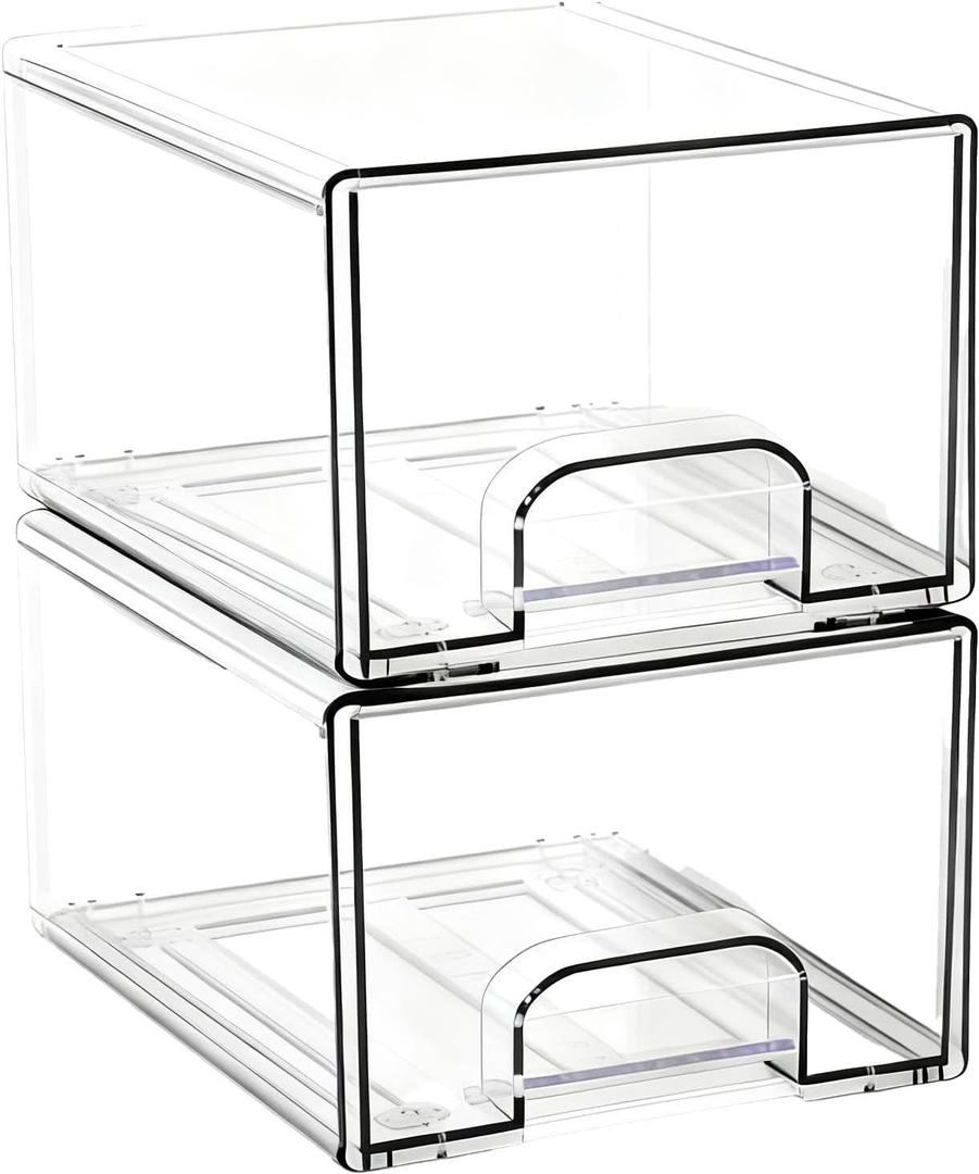 Acrylic Stackable Storage Drawers, [2-Pack] Clear Organizer Bins with Built-in Handles, Smooth Slide-Out Design for Vanity, Under Sink, Medicine Cabinet, Skincare, and More